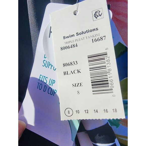Swim Solutions Triple Pleat Tankini Ruffled Swim Top Black Womens Size 8 - Picture 6 of 8